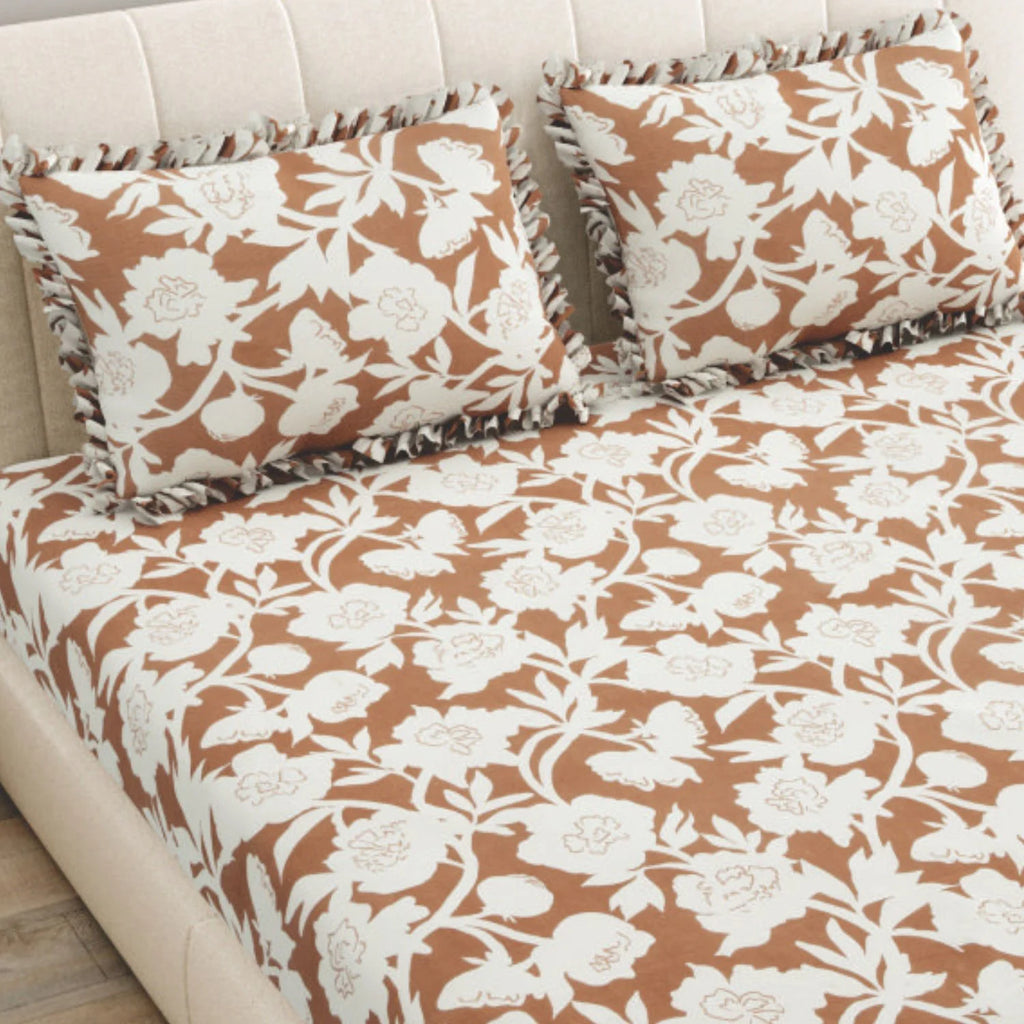 Dream Weaverz Home Polycotton King Fitted (Elastic) 260 TC Floral 1 Bedsheet (Brown-White)