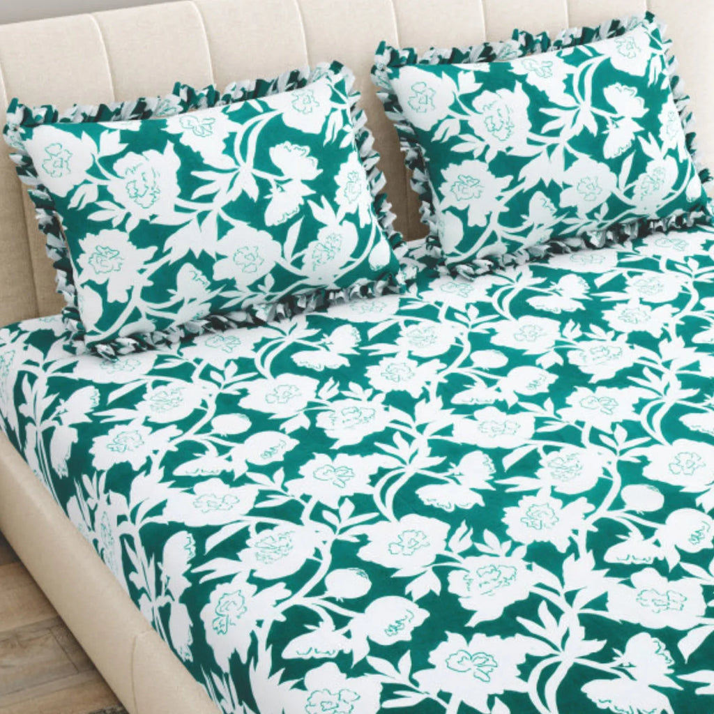Dream Weaverz Home Polycotton King Fitted (Elastic) 260 TC Floral 1 Bedsheet (Green-White)