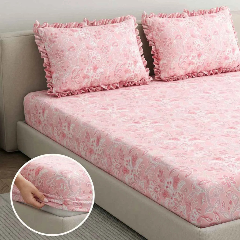 Dream Weaverz Home Polycotton King Fitted (Elastic) 260 TC Floral 1 Bedsheet with 2 Pillow Covers (Pink)