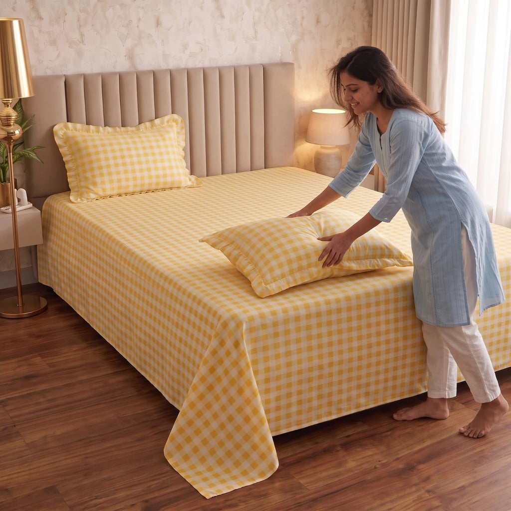 Dream Weaverz Home Polycotton (Flat) 260TC DoubleSIZE BEDSHEET(Yellow Check)