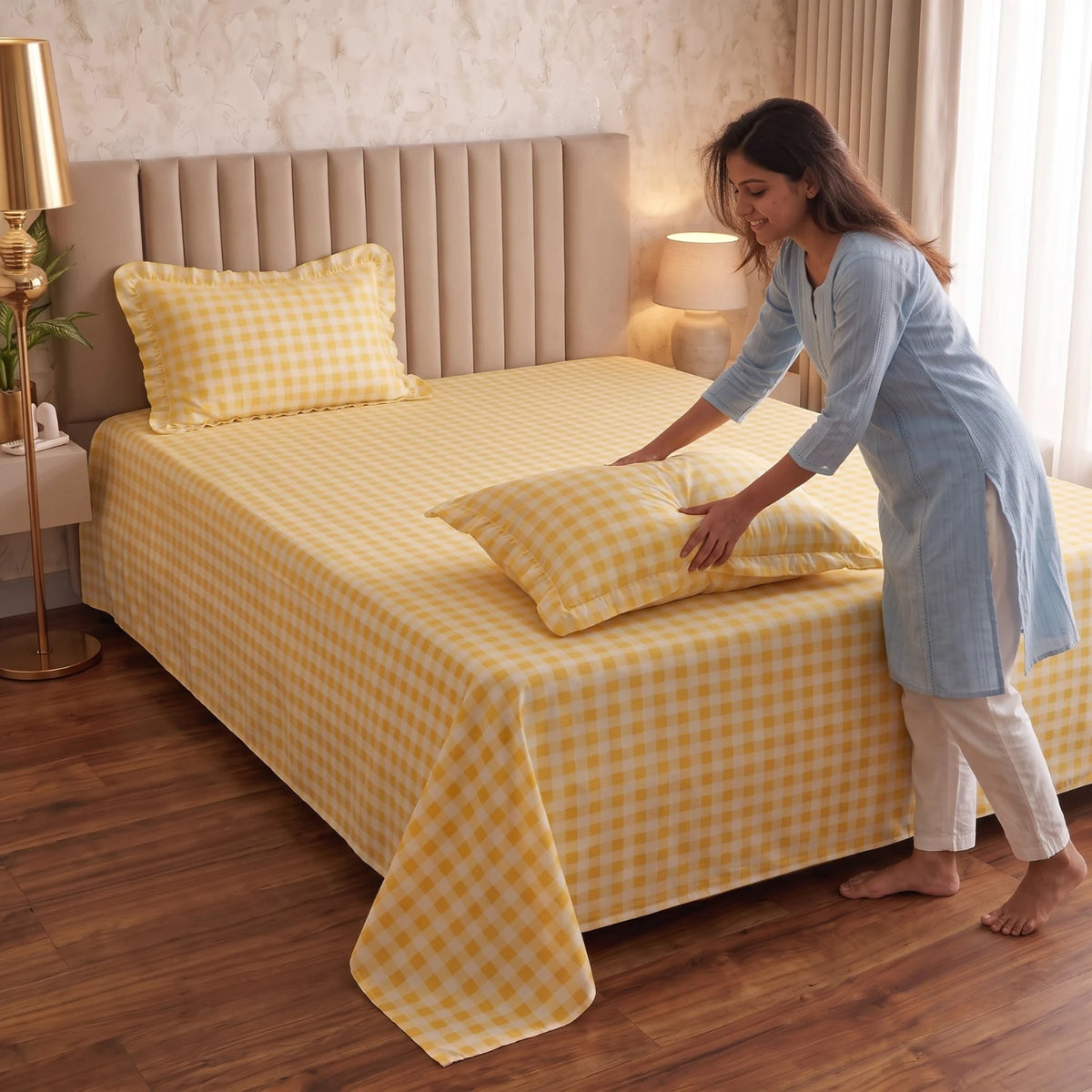 Dream Weaverz Home Polycotton (Flat) 260TC DoubleSIZE BEDSHEET(Yellow Check)