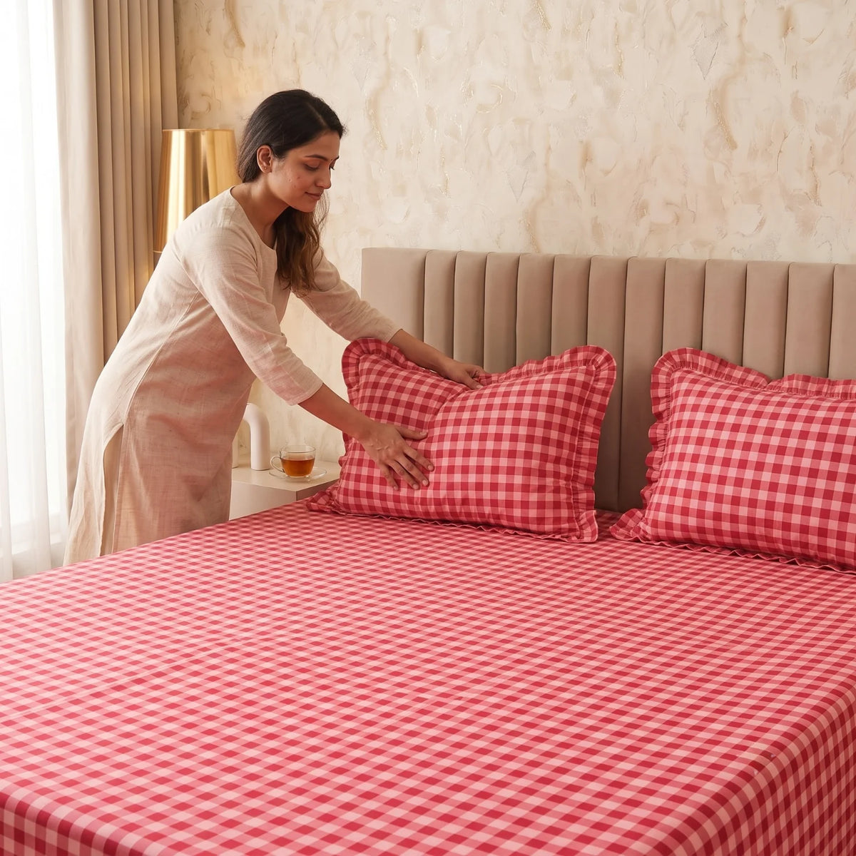 Dream Weaverz Home Polycotton (Flat) 260TC DoubleSIZE BEDSHEET(Red Check)