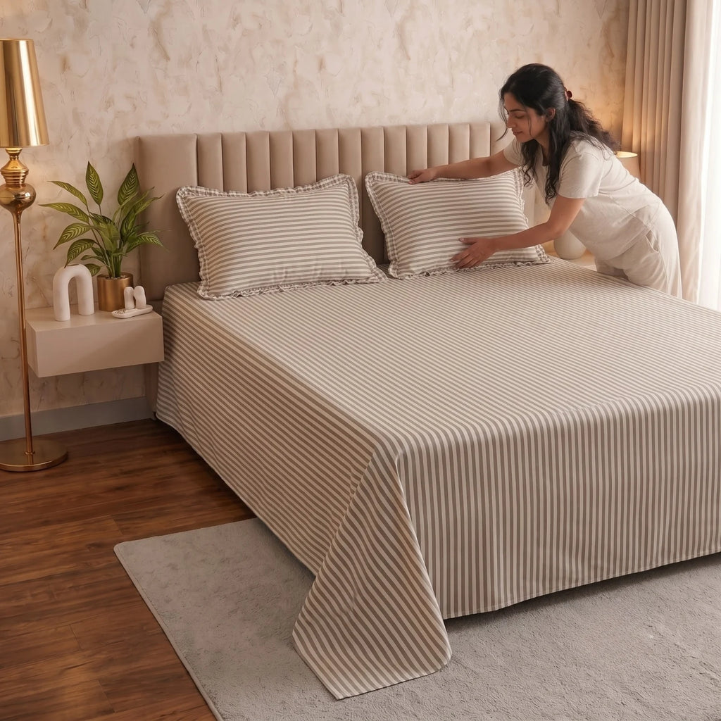 Dream Weaverz Home Polycotton (Flat) 260TC DoubleSIZE BEDSHEET(Grey Stripes)