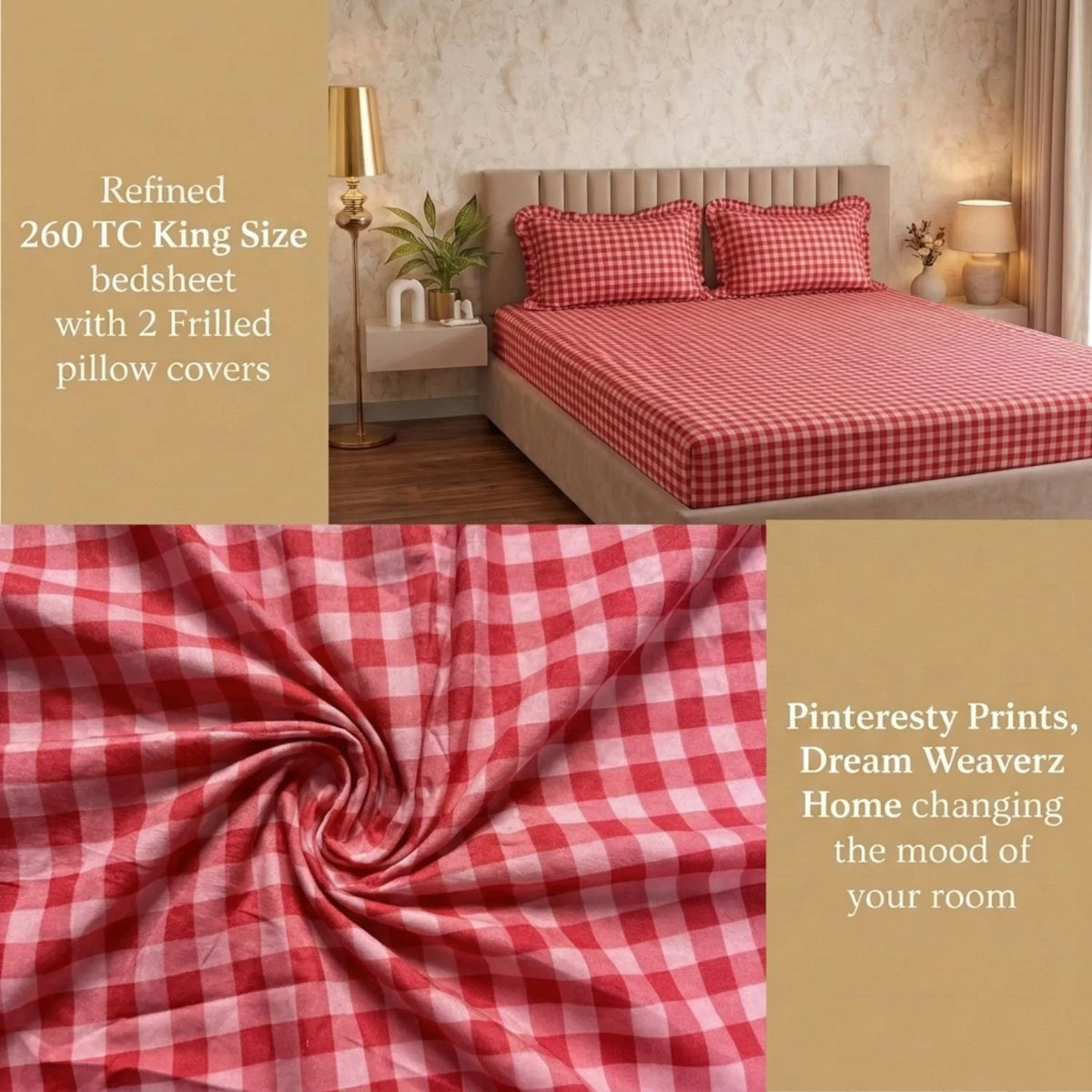 Dream Weaverz Home Polycotton (Fitted) 260TC DoubleSIZE BEDSHEET(Red Check)