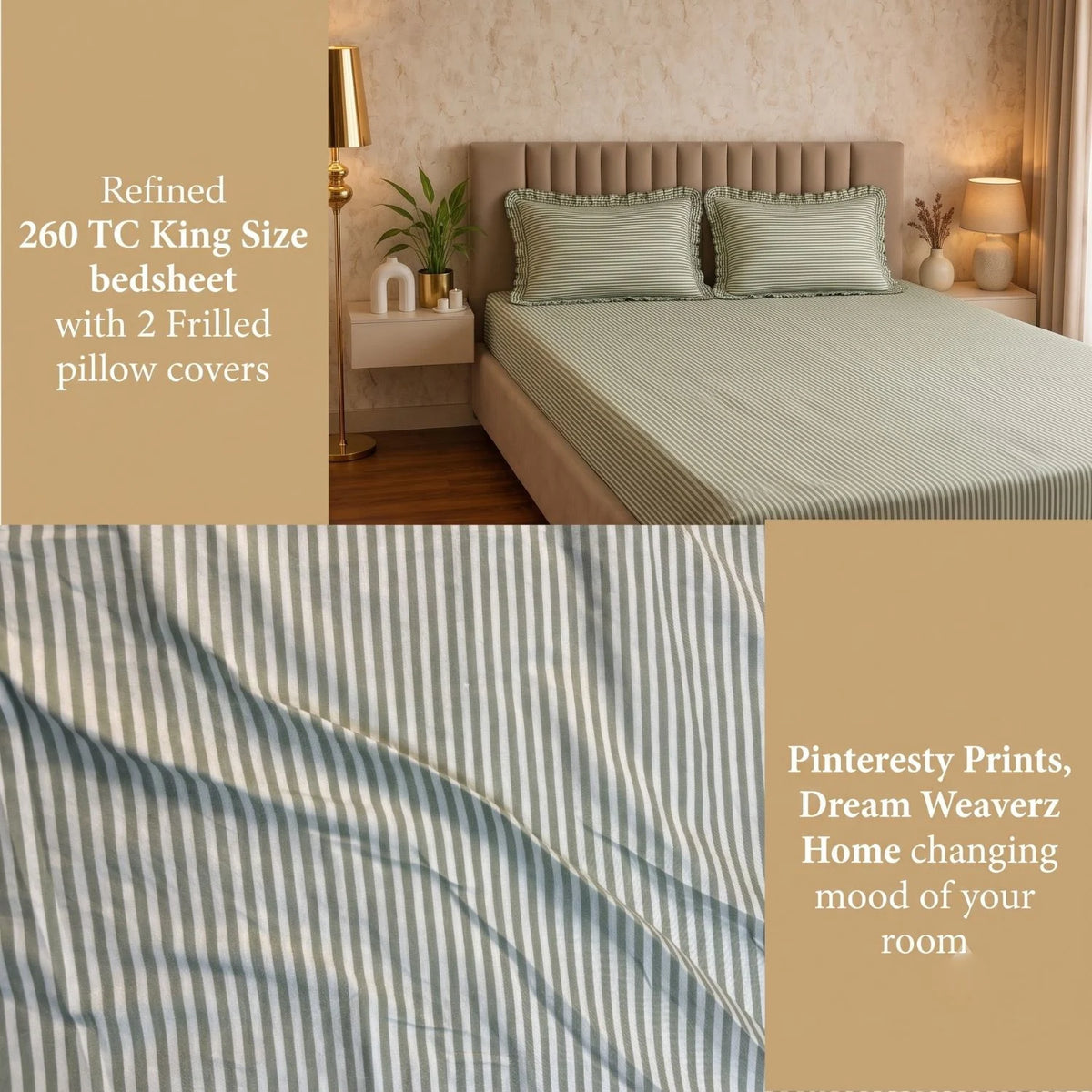 Dream Weaverz Home Polycotton (Fitted) 260TC DoubleSIZE BEDSHEET(Green Stripes)