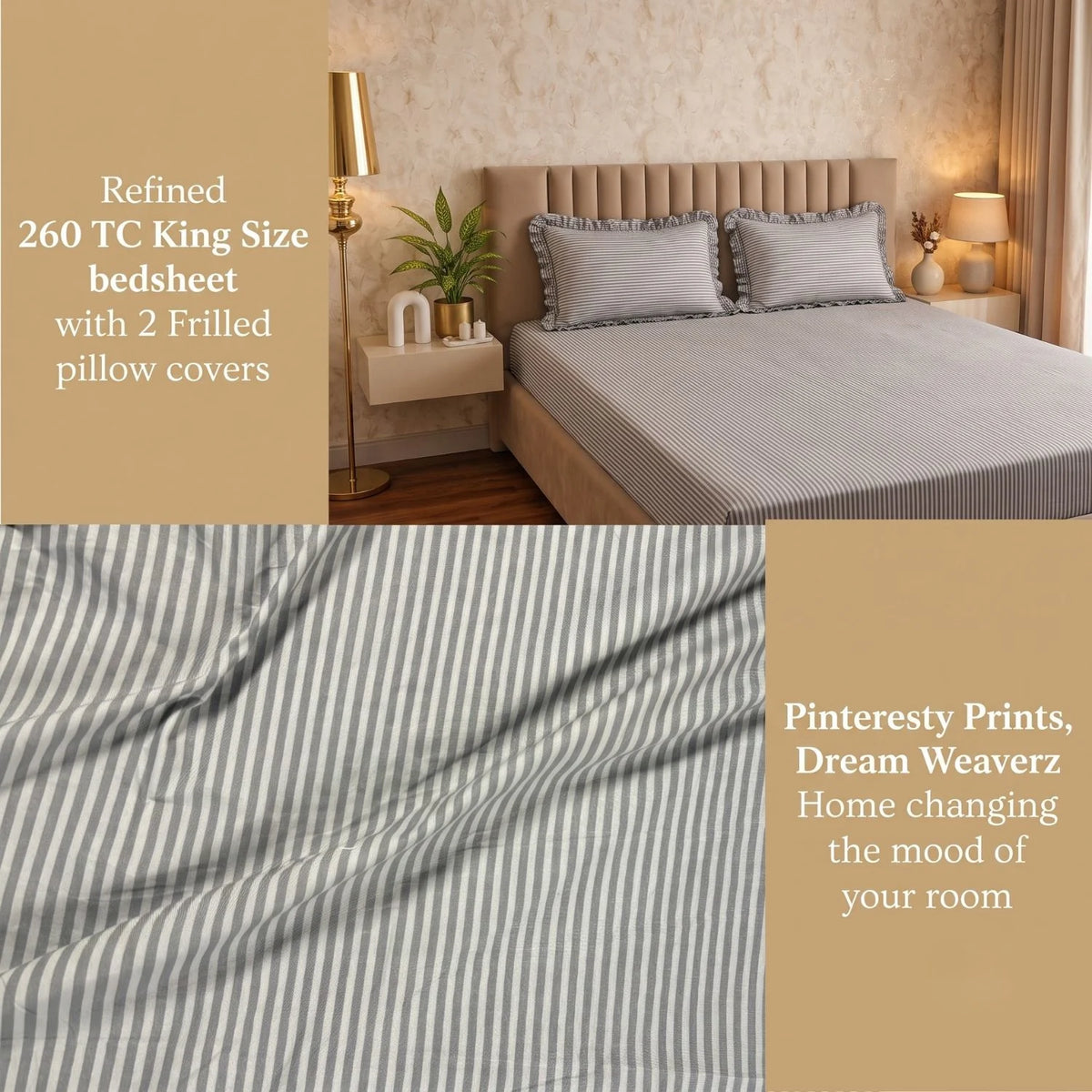 Dream Weaverz Home Polycotton (Fitted) 260TC DoubleSIZE BEDSHEET(Dark Grey Stripes)