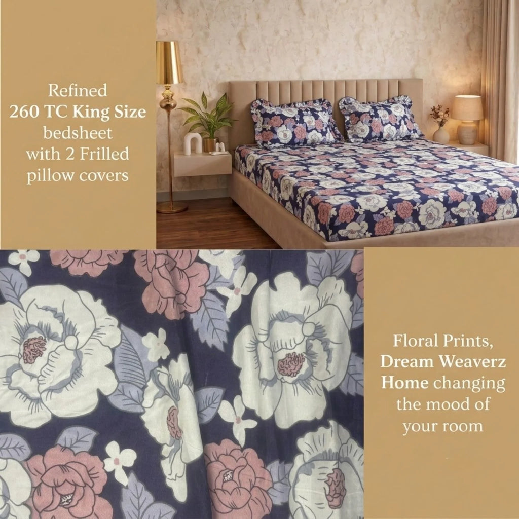 Dream Weaverz Home Polycotton (Fitted) 260TC DoubleSIZE BEDSHEET(Purple-Pink-White)