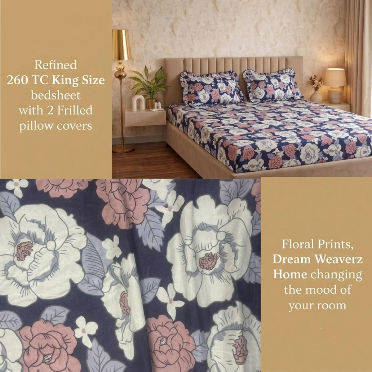 Dream Weaverz Home Polycotton (Fitted) 260TC DoubleSIZE BEDSHEET(Purple-Pink-White)