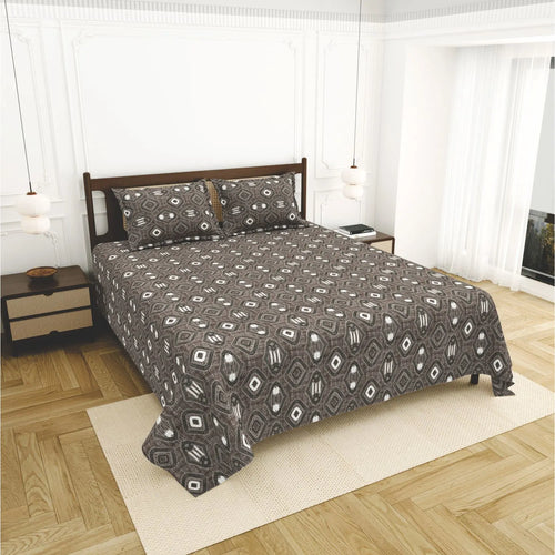 Dream Weaverz Home Cotton King Flat 220 TC Abstract 1 Bedsheet with 2 Pillow Covers (Grey-brown)