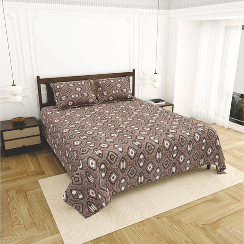 Dream Weaverz Home Cotton King Flat 220 TC Abstract 1 Bedsheet with 2 Pillow Covers (Brown-white)