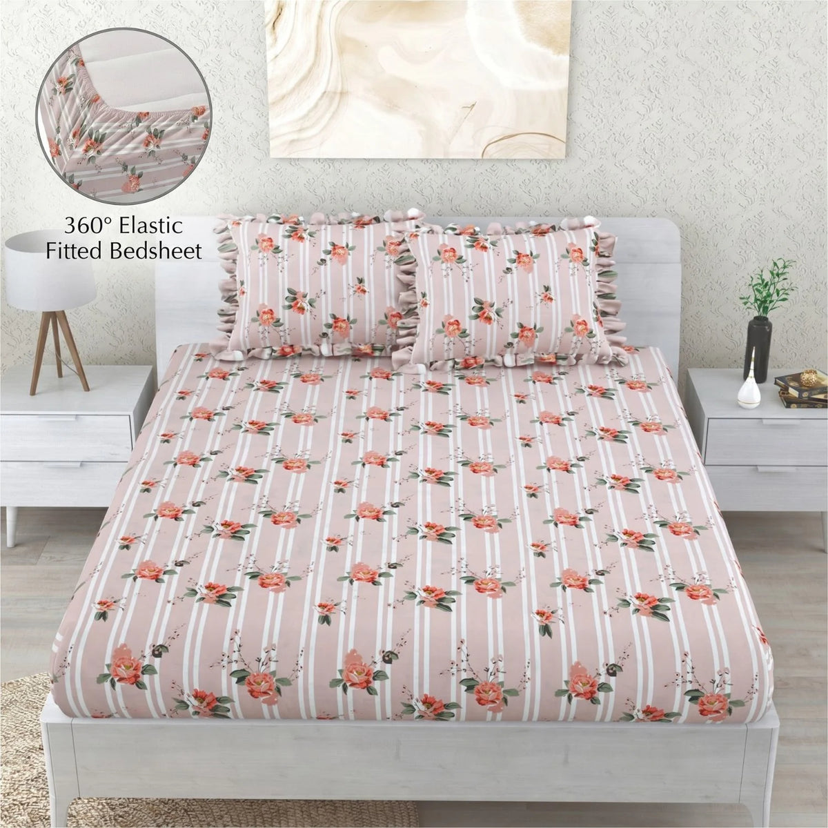 Dream Weaverz Home Polycotton Double Fitted (Elastic) 260 TC Floral 1 Bedsheet with 2 Pillow Covers (Pink)
