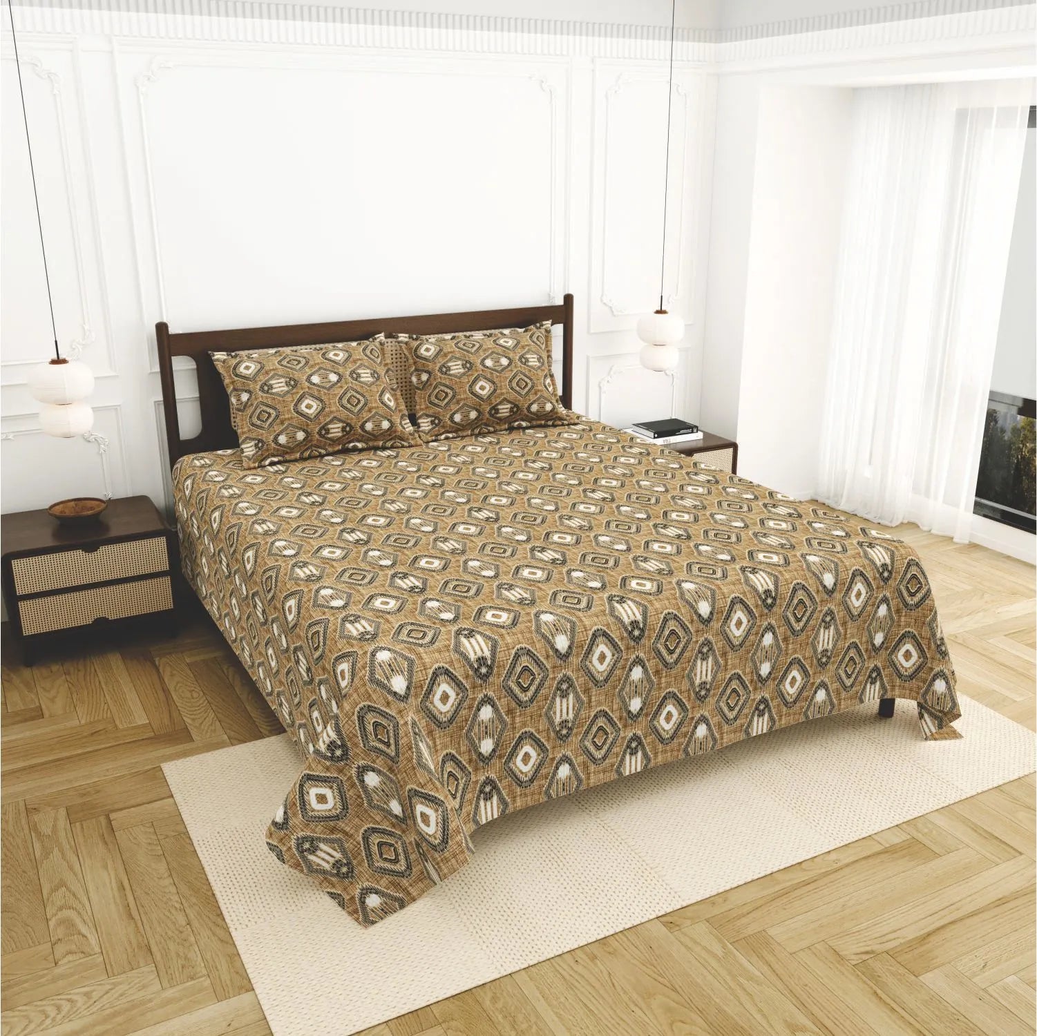 Dream Weaverz Cotton King Flat 220 TC Abstract 1 Bedsheet with 2 Pillow Covers (Mustard)