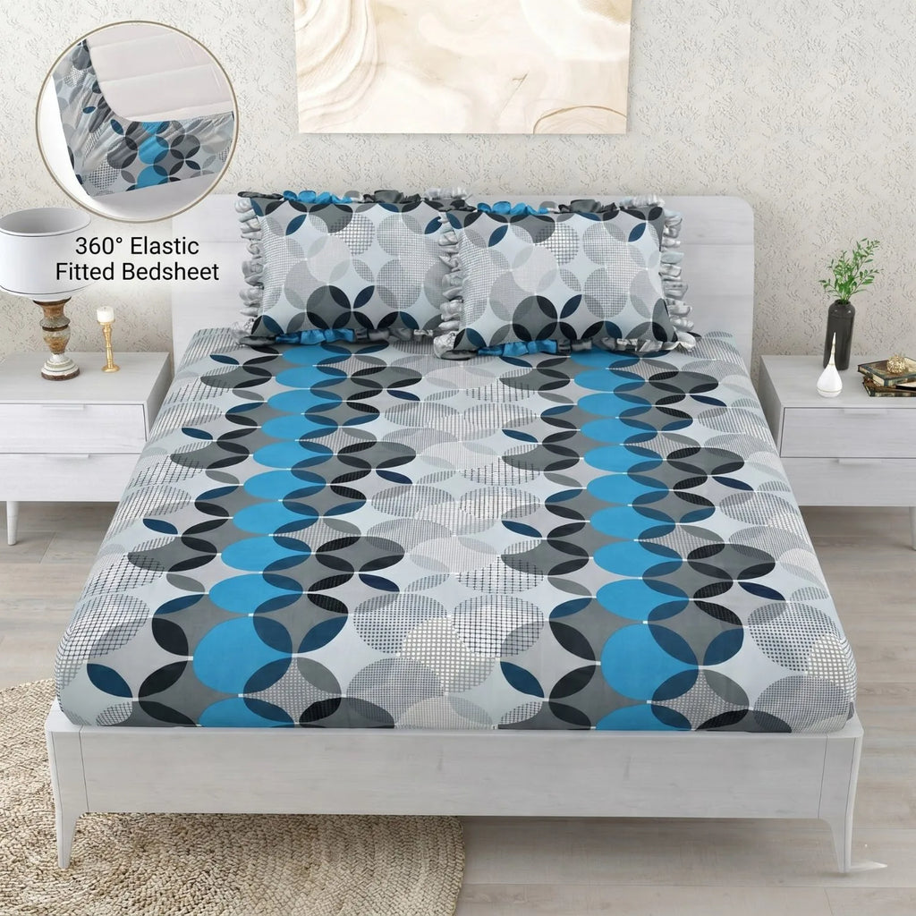 Dream Weaverz Home Polycotton Double Fitted (Elastic) 260 TC Abstract 1 Bedsheet with 2 Pillow Covers (Grey)