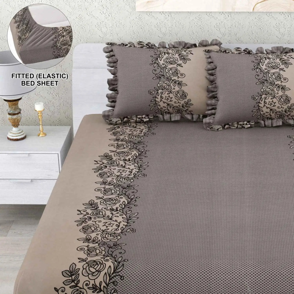 Dream Weaverz Home Polycotton Double Fitted (Elastic) 260 TC Abstract 1 Bedsheet with 2 Pillow Covers (Grey)