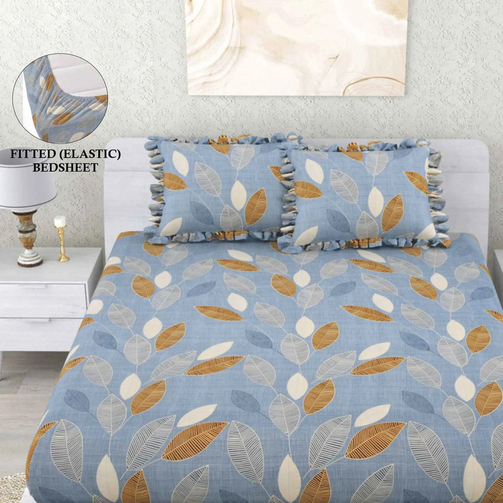 Dream Weaverz Home Polycotton Double Fitted (Elastic) 260 TC Abstract 1 Bedsheet with 2 Pillow Covers (Blue)