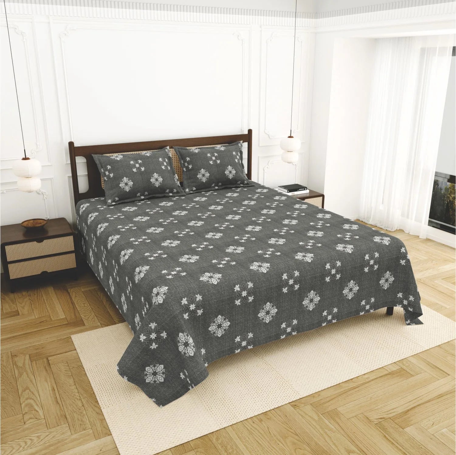 Dream Weaverz Cotton King Flat 220 TC Abstract 1 Bedsheet with 2 Pillow Covers (Slate grey)