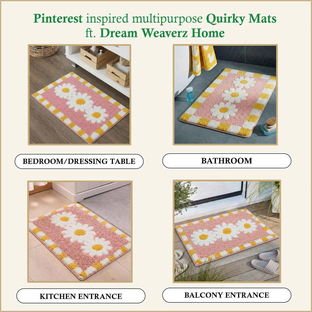 Dream Weaverz Microfiber Bathroom Mat (Pink-Yellow, Free)