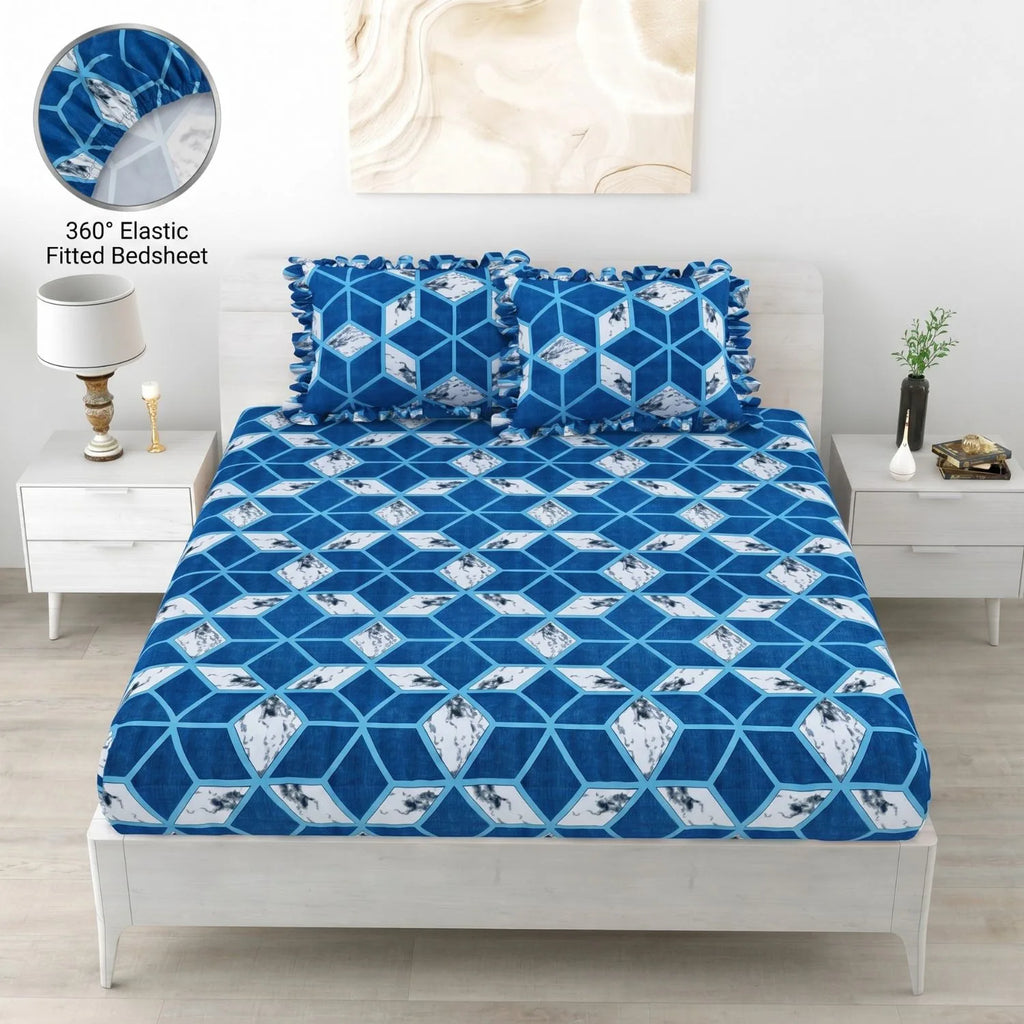 Dream Weaverz Home Polycotton King Fitted (Elastic) 260 TC Abstract 1 Bedsheet with 2 Pillow Covers (Blue-White)