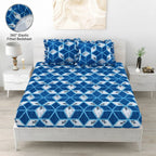 Dream Weaverz Home Polycotton King Fitted (Elastic) 260 TC Abstract 1 Bedsheet with 2 Pillow Covers (Blue-White)