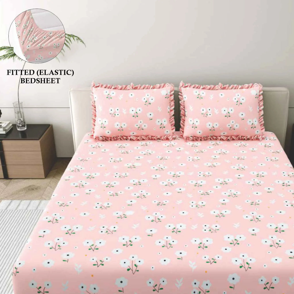 Dream Weaverz Home Polycotton King Fitted (Elastic) 260 TC Floral 1 Bedsheet with 2 Pillow Covers (Baby Pink)