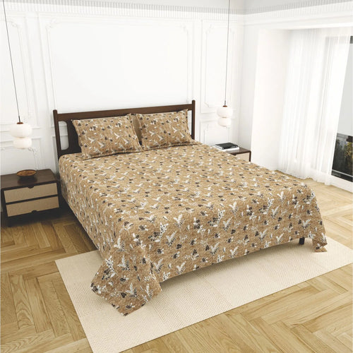 Dream Weaverz Home Cotton King Flat 220 TC Abstract 1 Bedsheet with 2 Pillow Covers (Camel)