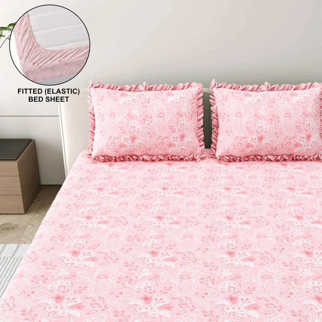 Dream Weaverz Home Polycotton King Fitted (Elastic) 260 TC Floral 1 Bedsheet with 2 Pillow Covers (Pink)