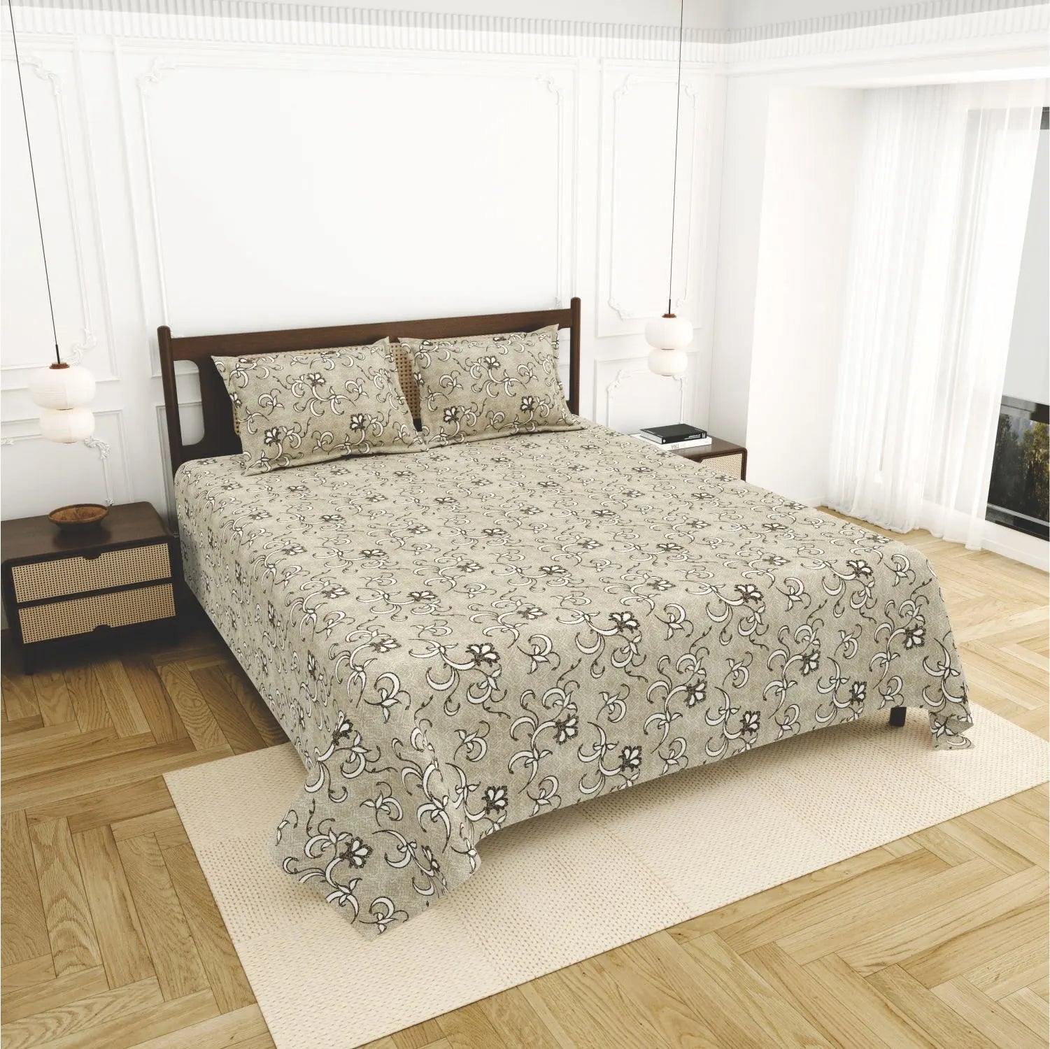 Dream Weaverz Cotton King Flat 220 TC Abstract 1 Bedsheet with 2 Pillow Covers (Beige)