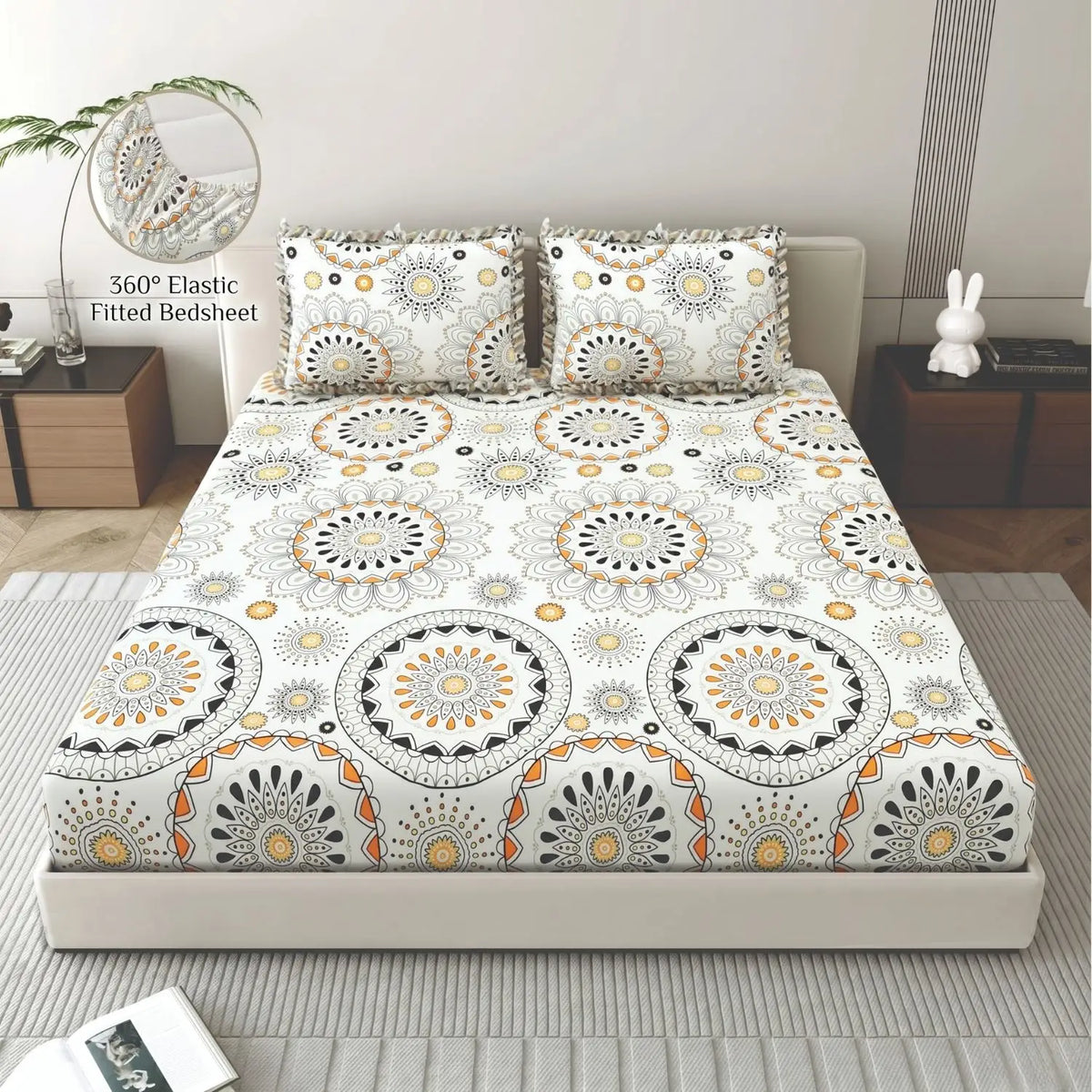 Dream Weaverz Home Polycotton King Fitted (Elastic) 260 TC Abstract 1 Bedsheet with 2 Pillow Covers (Off white)
