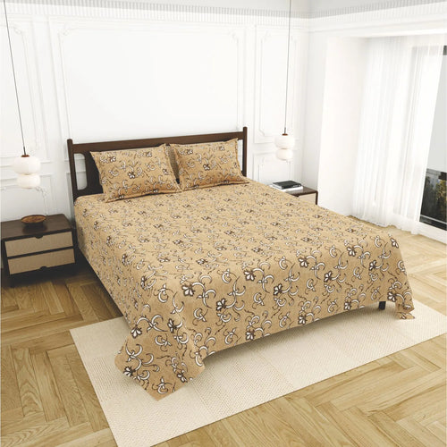 Dream Weaverz Home Cotton King Flat 220 TC Abstract 1 Bedsheet with 2 Pillow Covers (Beige -white)