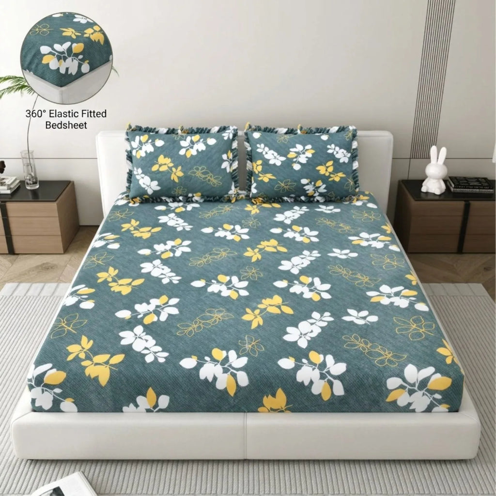 Dream Weaverz Home Polycotton King Fitted (Elastic) 260 TC Floral 1 Bedsheet with 2 Pillow Covers (Dark Green-White)