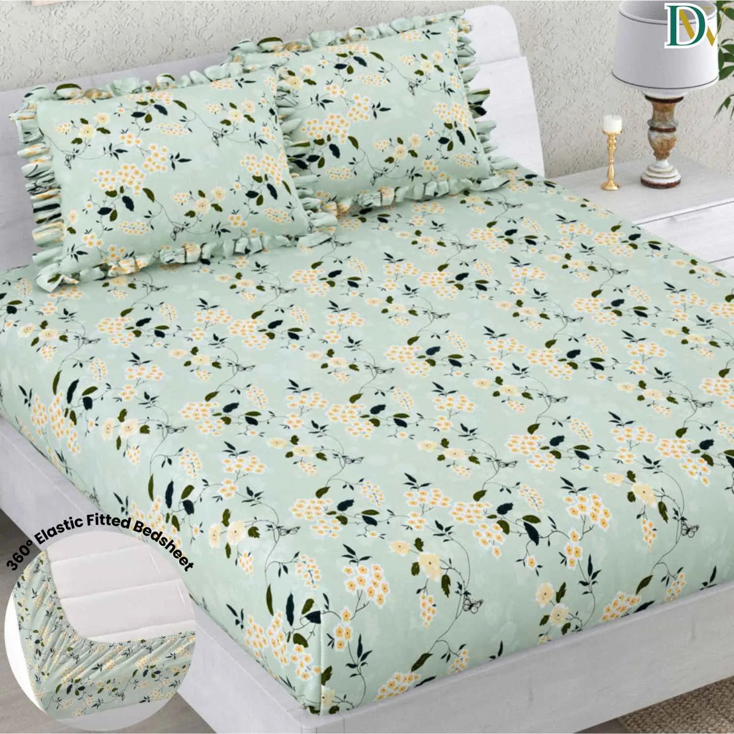 Dream Weaverz Polycotton Double Fitted (Elastic) 260 TC Floral 1 Bedsheet with 2 Pillow Covers (Green)