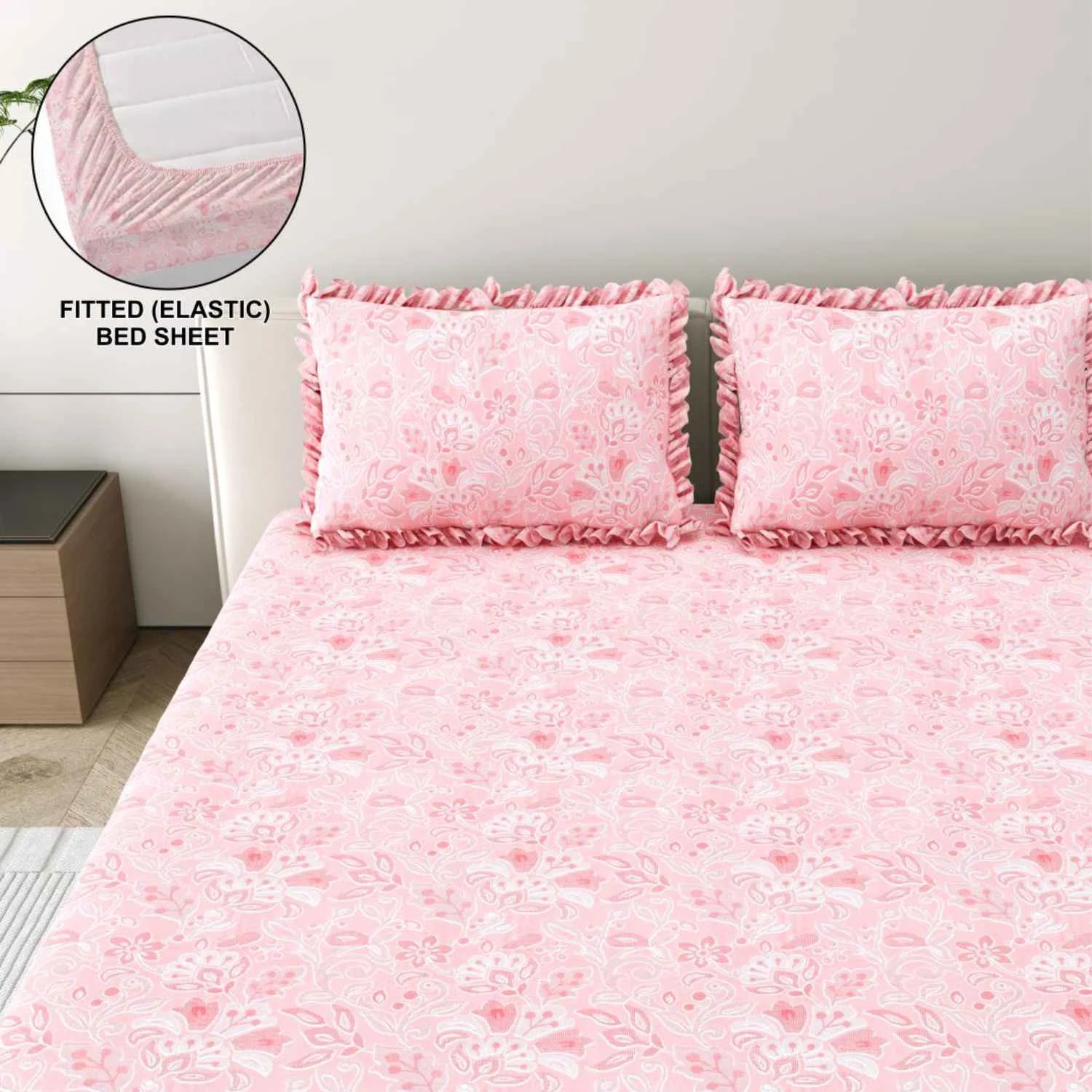 Dream Weaverz Polycotton King Fitted (Elastic) 260 TC Floral 1 Bedsheet with 2 Pillow Covers (Pink)