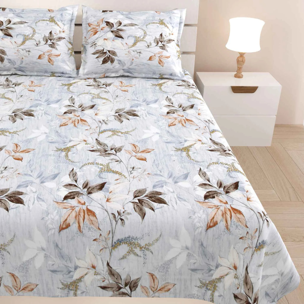Dream Weaverz Cotton Super King Flat 220 TC Abstract 1 Bedsheet with 2 Pillow Covers (Light Grey)