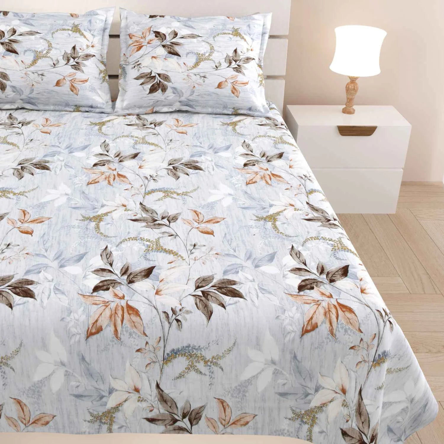 Dream Weaverz Cotton Super King Flat 220 TC Abstract 1 Bedsheet with 2 Pillow Covers (Light Grey)
