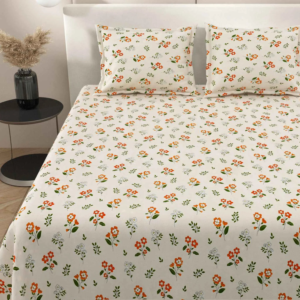 Dream Weaverz Cotton Super King Flat 220 TC Floral 1 Bedsheet with 2 Pillow Covers (Off White)