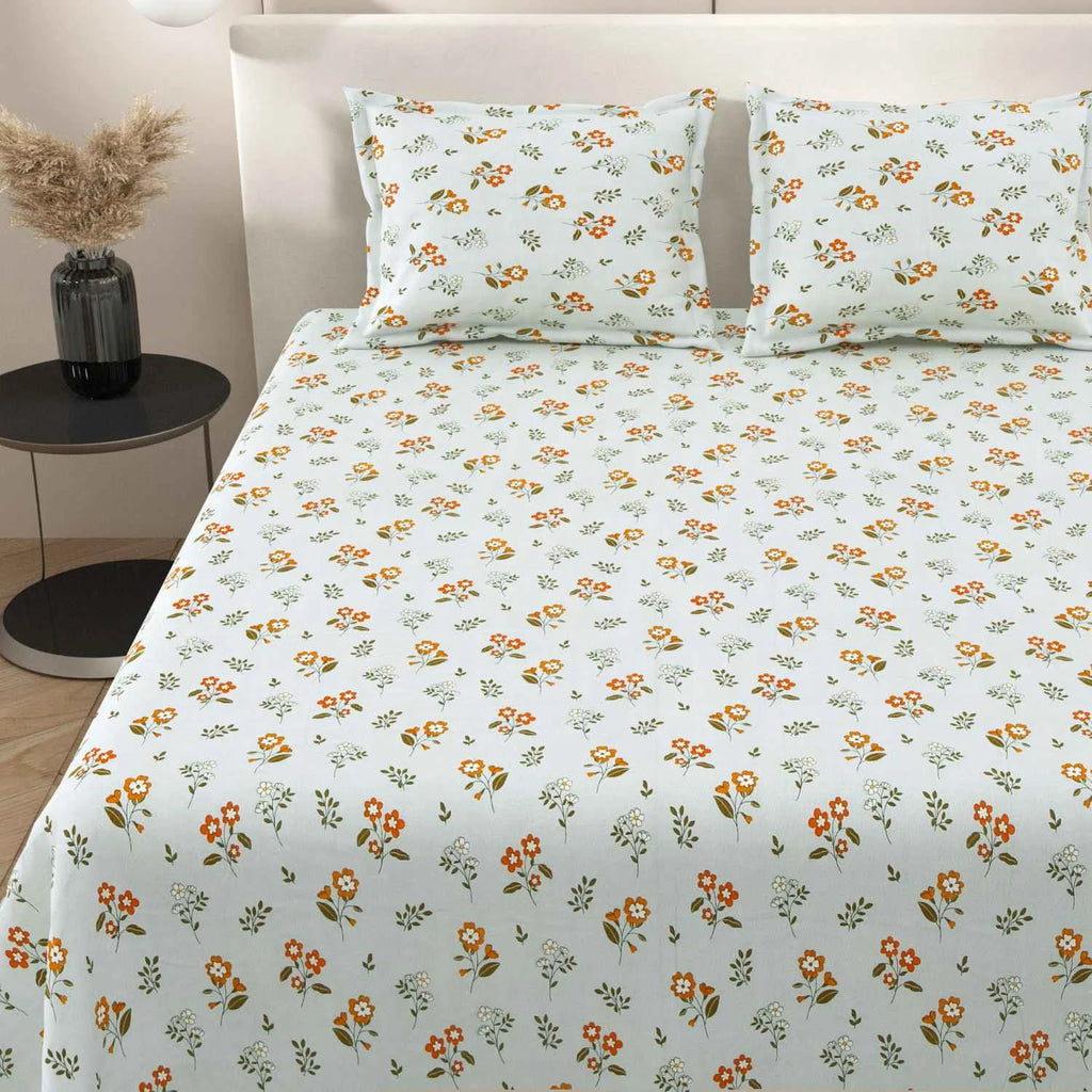 Dream Weaverz Cotton Super King Flat 220 TC Floral 1 Bedsheet with 2 Pillow Covers (Sky Blue-Orange)