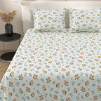 Dream Weaverz Cotton Super King Flat 220 TC Floral 1 Bedsheet with 2 Pillow Covers (Sky Blue-Orange)