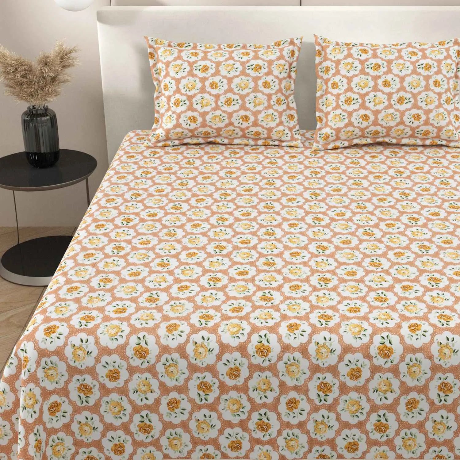 Dream Weaverz Cotton Super King Flat 220 TC Abstract 1 Bedsheet with 2 Pillow Covers (Peach-Yellow)