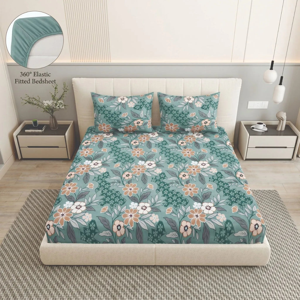 Dream Weaverz Home Polycotton King Fitted (Elastic) 260 TC Floral 1 Bedsheet (Green-Brown)