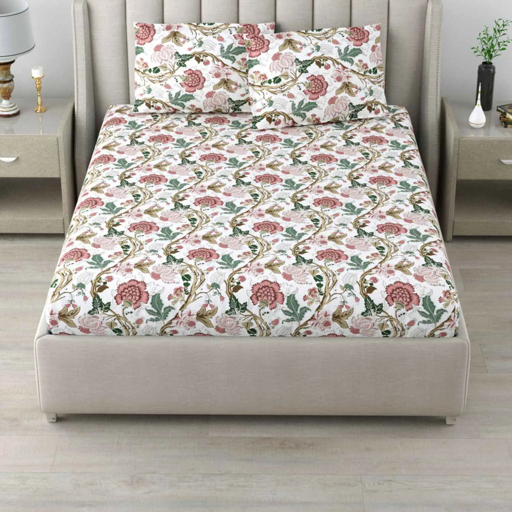 Dream Weaverz Cotton Queen Flat 220 TC Floral 1 Bedsheet with 2 Pillow Covers (White)