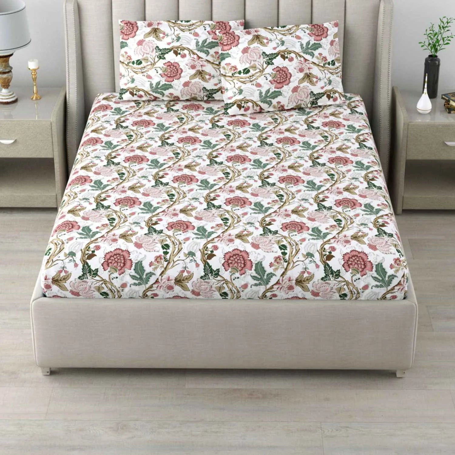 Dream Weaverz Cotton Queen Flat 220 TC Floral 1 Bedsheet with 2 Pillow Covers (White)