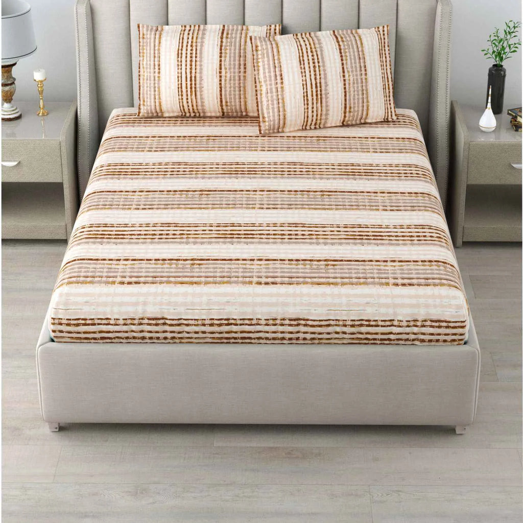 Dream Weaverz Cotton Queen Flat 220 TC Striped 1 Bedsheet with 2 Pillow Covers (Beige)