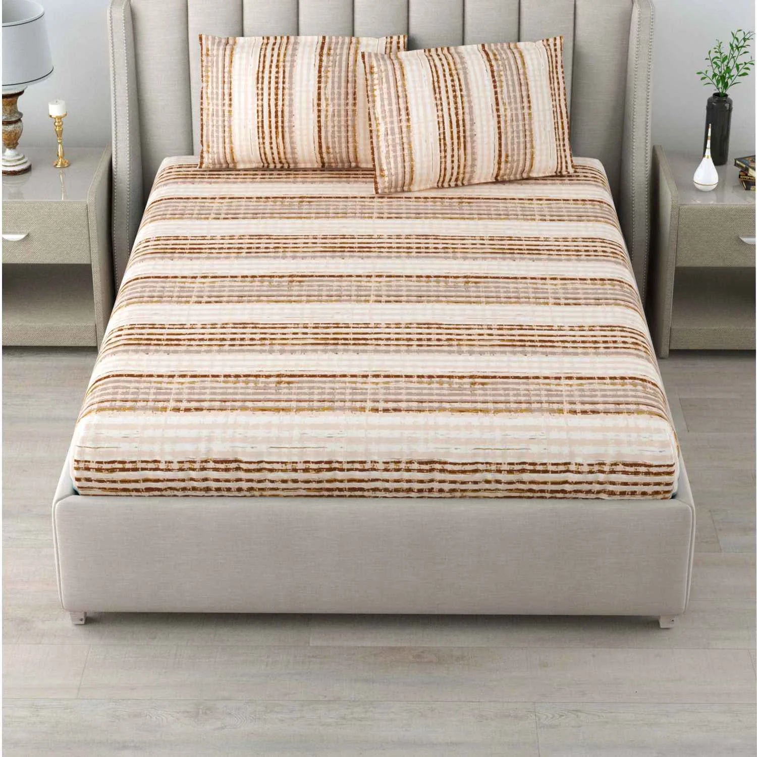 Dream Weaverz Cotton Queen Flat 220 TC Striped 1 Bedsheet with 2 Pillow Covers (Beige)
