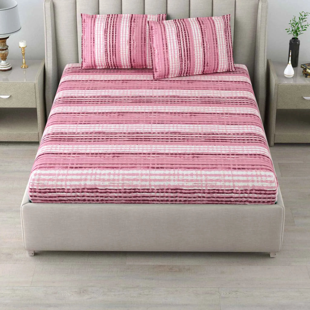 Dream Weaverz Cotton Queen Flat 220 TC Striped 1 Bedsheet with 2 Pillow Covers (Pink)