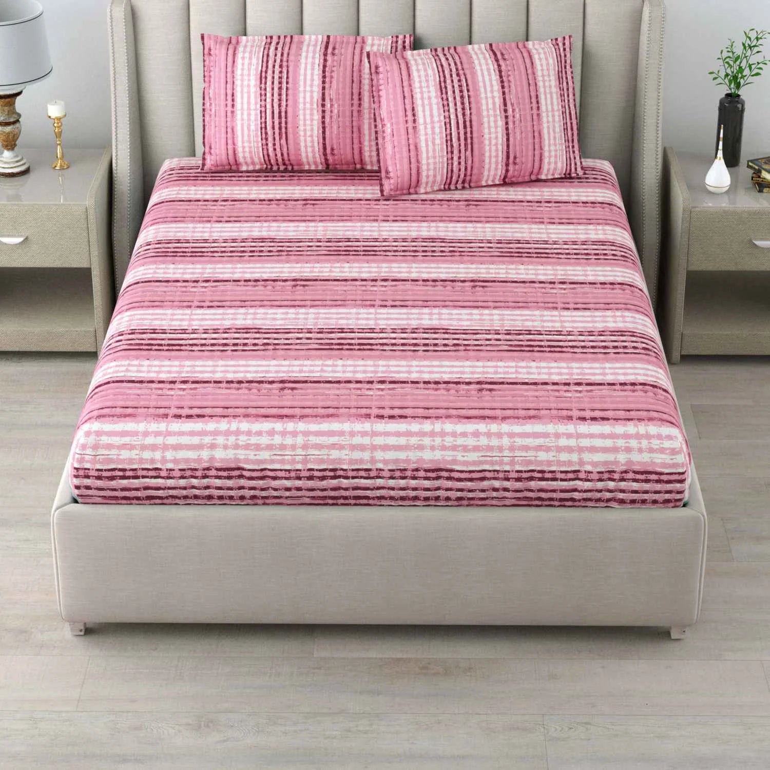 Dream Weaverz Cotton Queen Flat 220 TC Striped 1 Bedsheet with 2 Pillow Covers (Pink)