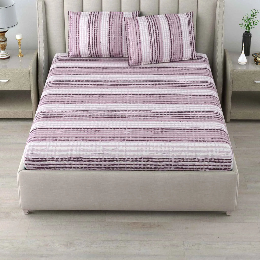 Dream Weaverz Cotton Queen Flat 220 TC Striped 1 Bedsheet with 2 Pillow Covers (Purple, White)