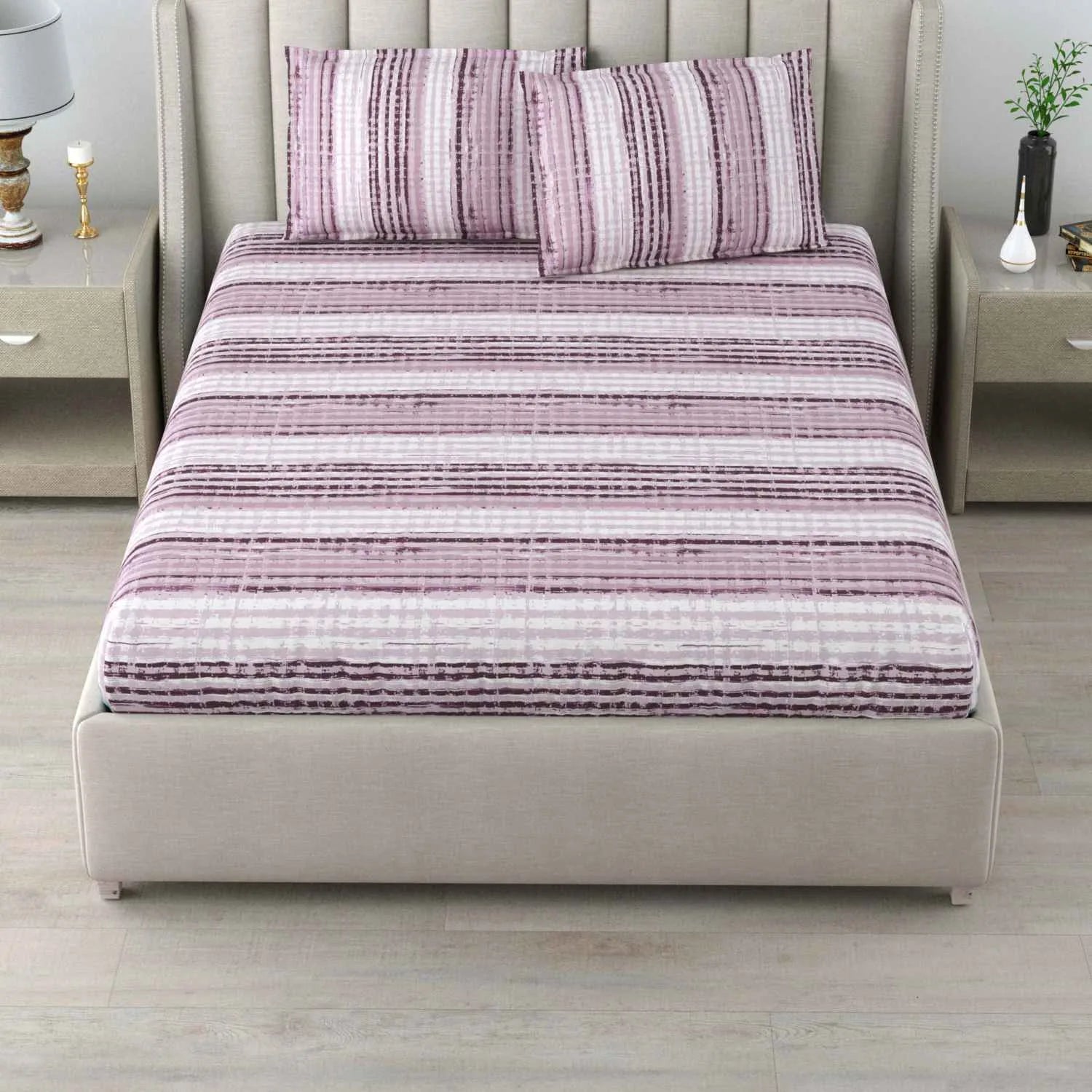 Dream Weaverz Cotton Queen Flat 220 TC Striped 1 Bedsheet with 2 Pillow Covers (Purple, White)
