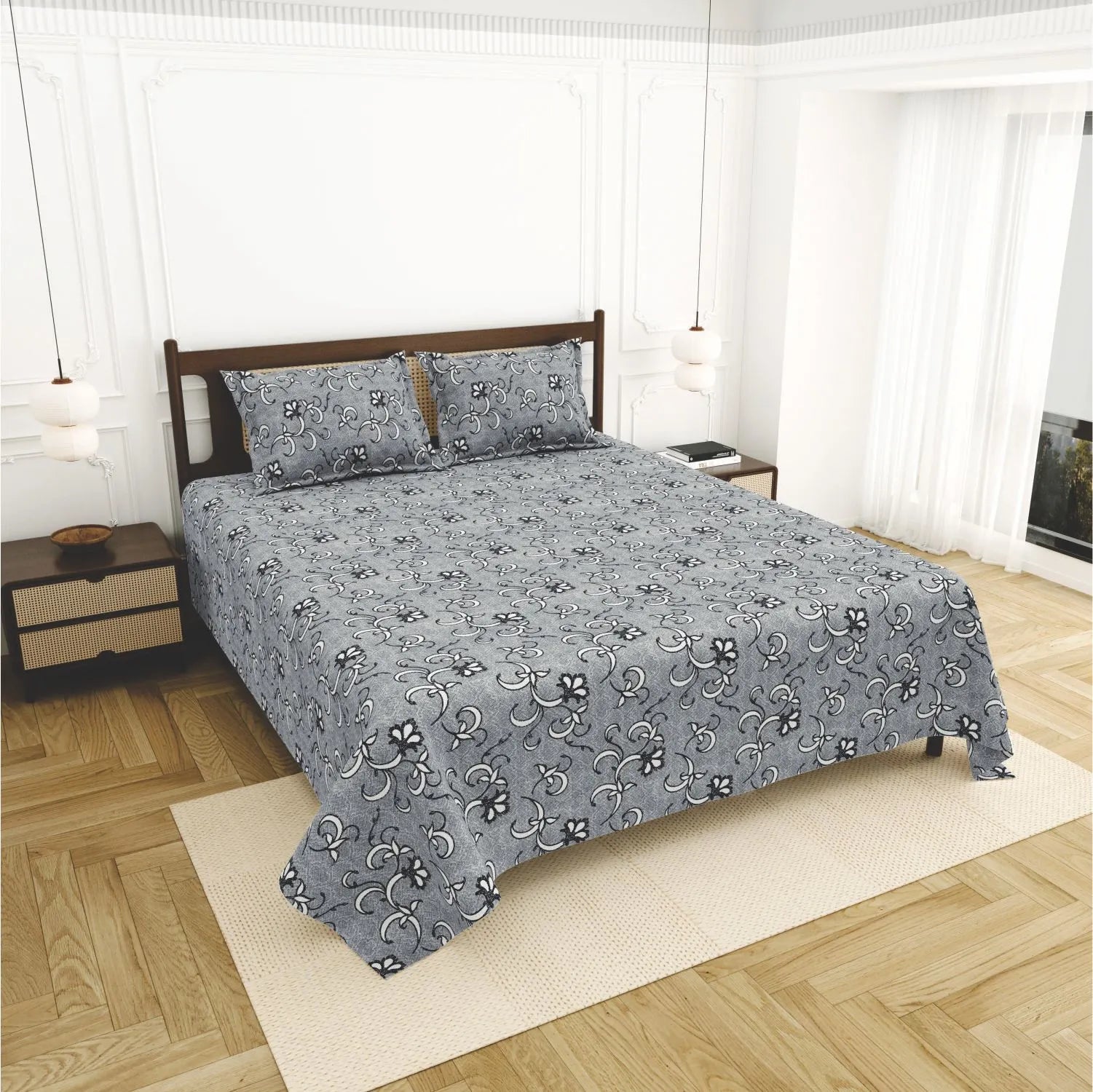 Dream Weaverz Cotton King Flat 220 TC Abstract 1 Bedsheet with 2 Pillow Covers (Grey)