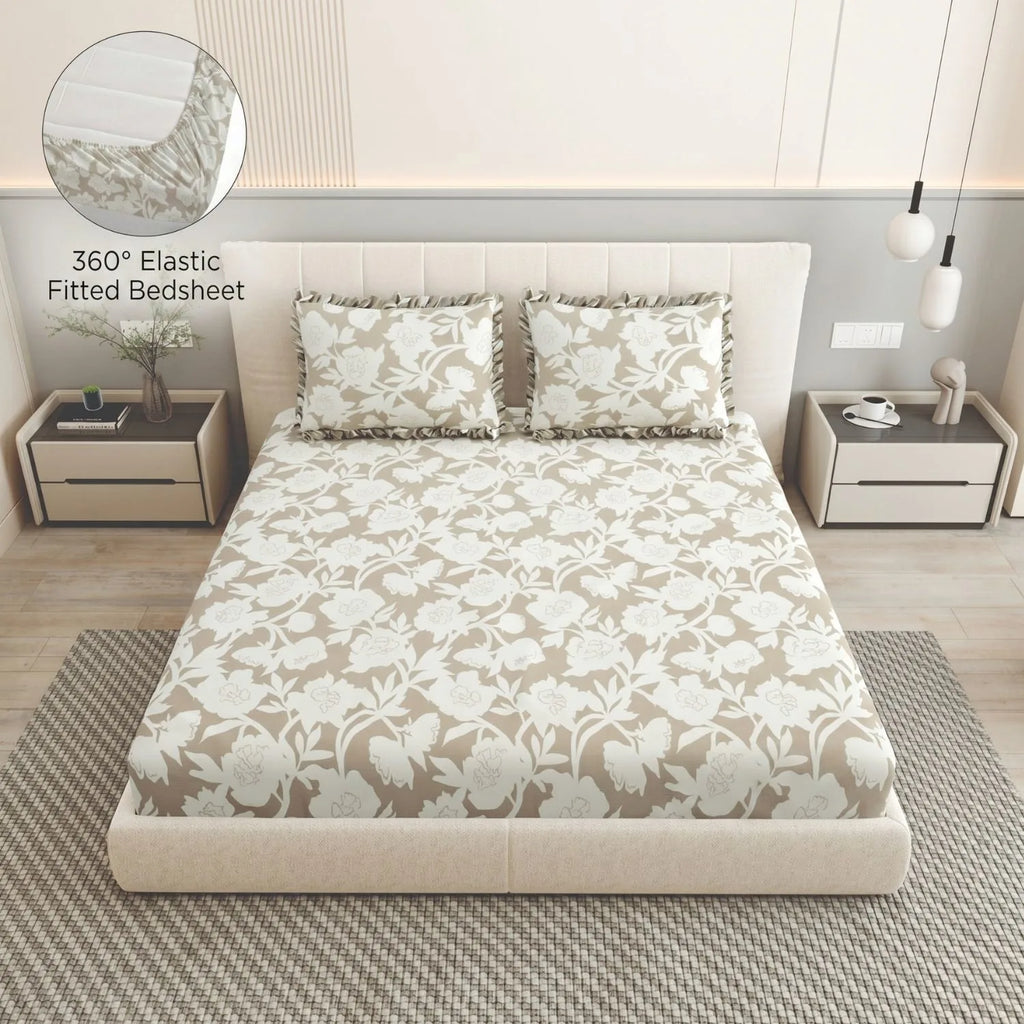 Dream Weaverz Home Polycotton King Fitted (Elastic) 260 TC Floral 1 Bedsheet (Beige-White)