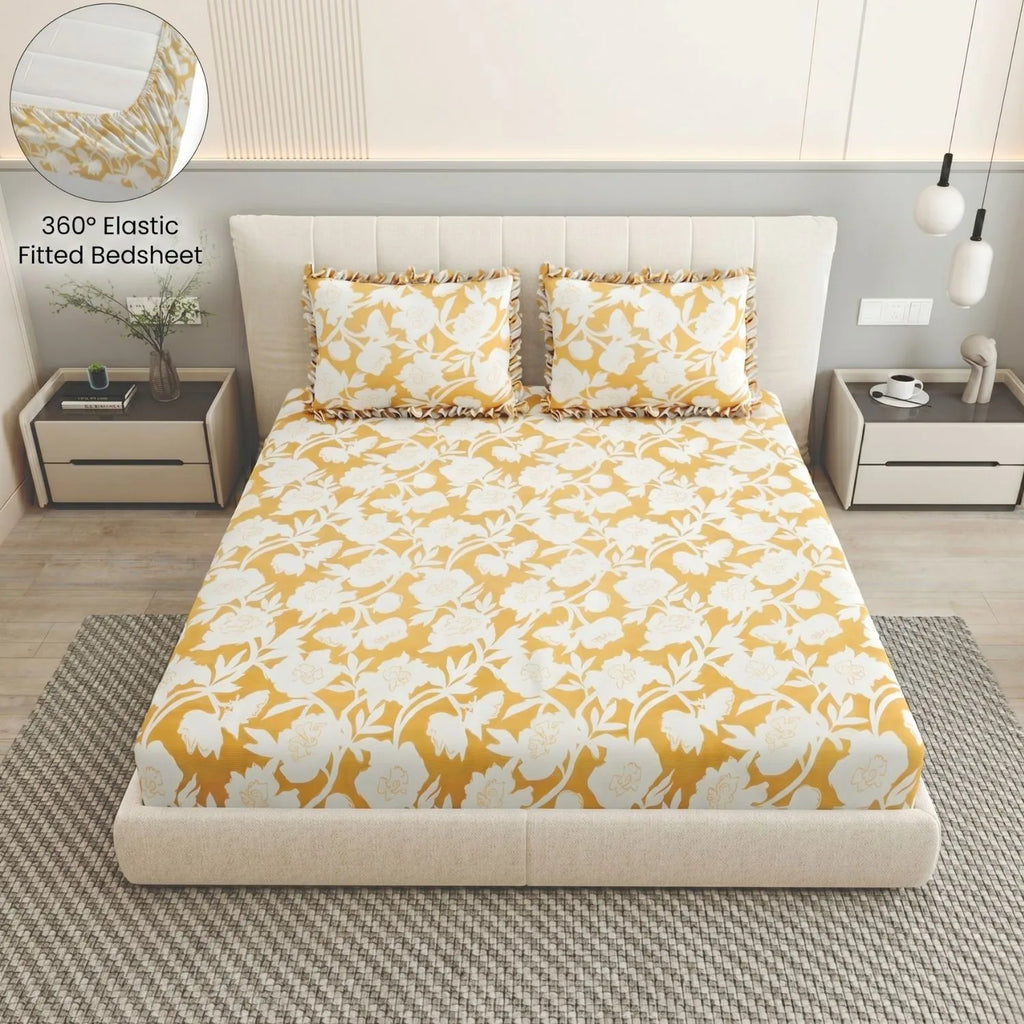 Dream Weaverz Home Polycotton King Fitted (Elastic) 260 TC Floral 1 Bedsheet (Yellow)